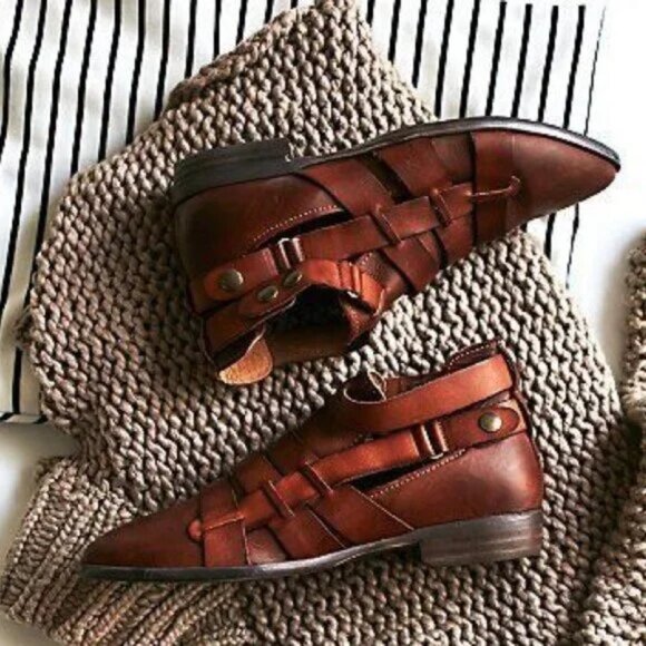 Free People Brown Leather Style Nine Ankle Boots Double Buckle Strappy Booties - Picture 2 of 13